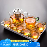 瓷牌茗茶具（cipaiming teaset） 透明玻璃茶具整套套装家用功夫茶壶茶杯会客泡茶器 透明八骏6彩杯+绿柄公杯+小长方