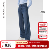朗姿【精英衣橱】棉质复古直筒阔腿高腰显瘦时尚长款女新款牛仔裤 暮色藏蓝色 XL