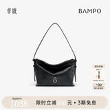 半坡饰族（bampo）新款包包小绵绵头层牛皮手抓纹小包时尚高级感女包单肩斜挎包 墨碳黑（拉链版，包底可收纳肩带）