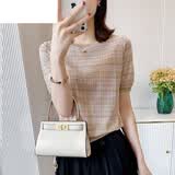 皮尔卡丹（pierre cardin）薄款冰丝短袖女士t恤2026新款设计感条纹宽松镂空针织打底衫 驼色 XL 【115125斤】