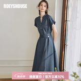 ROEYSHOUSE罗衣通勤显瘦连衣裙女夏季新款优雅简约系带大摆裙子10222 深蓝色 M （建议拍前联系客服确认哦）