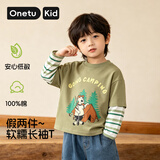 丸图 ONETU儿童T恤秋季新款男女童长袖打底衫中小童百搭上衣 丛林小熊 130