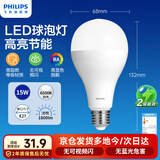 飞利浦（PHILIPS）LED灯泡节能客厅家用超亮照明E27大螺口球泡15W6500K白光经济型
