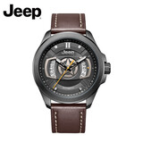 Jeep吉普全自动男机械表户外学生运动进口机芯欧美休闲皮带腕表礼物 黄针棕色皮带