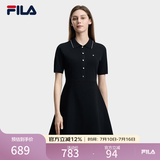 FILA 斐乐官方女子编织连衣裙2026夏新款简约翻领修身收腰连身裙 正黑色-BK M 165/84A/M