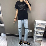 益帛牛仔裤男夏季新款港风膝盖拉链宽松做旧精神小伙修身小脚长裤子男 蓝色 L【建议105-115斤】