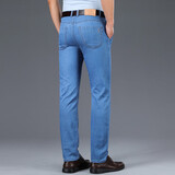 LEEHOYEE轻奢牛仔裤男2025夏季薄款超柔丝光弹力棉高腰宽松直筒弹力裤子 浅蓝色 33 码(腰围2尺6)