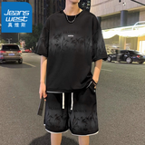 真维斯（Jeanswest）新中式国风t恤男士夏季2026新款休闲运动夏装短袖短裤冰丝套装男 8971黑色 XL 码【120-140斤】