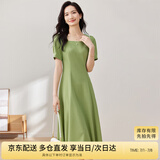 尚都比拉短袖连衣裙女夏季时尚通勤中长款a字裙钉珠收腰显瘦裙子 绿色 L