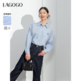 LAGOGO纯棉蓝白条纹刺绣长袖衬衫女拉谷谷春秋新款清新百搭上衣 蓝白(NV) S