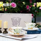 巢里咖啡杯套装鎏金云纹骨瓷轻奢礼盒新婚对杯早餐下午茶杯碟家居馆用 山玫春晓【白色轻奢礼盒】