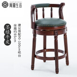 阿雨生活美式实木吧台椅轻奢吧椅复古真皮旋转酒吧椅家用欧式靠背高脚椅子 65cm深色镂空款-墨绿色牛皮