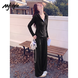 MJ STYLE仿羊绒连帽修身开衫拼糯米裤女2026年春秋新款修身显瘦通勤套装