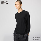 优衣库HEATTECH EXTRA WARM混纺圆领T恤/9分袖男装9%羊绒481441 487483/09黑色 M