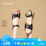 奥康（Aokang）女鞋坡跟一字带凉鞋牛皮舒适日常休闲外穿妈妈鞋T666688810黑38码