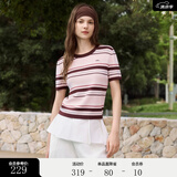 ELLE复古条纹撞色圆领短袖女2026夏季新款高级感休闲通勤t恤上衣 粉色 M