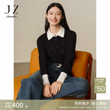 玖姿·安娜蔻赫本风撞色假两件翻领美丽诺羊毛针织衫女2024冬款 素黑 M