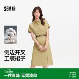 森马（Semir）连衣裙女夏季衬衫领纯棉开叉中长裙腰带复古风工装裙101325114057