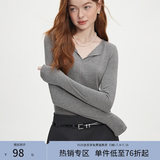 范思蓝恩秋季V领套头百搭长袖针织T恤女秋季2024新款通勤修身针织衫上衣 高级灰 S