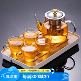 瓷牌茗茶具功夫茶具套装玻璃茶壶雅趣金盖泡茶壶加厚耐热泡茶壶家用 金盖雅趣壶沙粒纹杯+小长方盘 5件