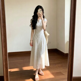 南木熊连衣裙法式温柔风圆领短袖收腰女夏季设计感拼接垂感显瘦气质长裙 白月光小白裙M【90-105斤】