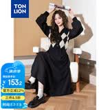 唐狮（TonLion）2024黑色v领拼接格纹连衣裙女复古针织格子裙气质长裙 黑色 M 