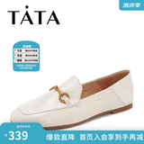 他她（TATA）方头乐福鞋女休闲平底一脚蹬小皮鞋女单鞋春秋款FLC22AM5 米色 37