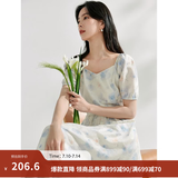 茵曼（INMAN）亚麻吊带植物碎花连衣裙女2026年夏季法式方领泡泡袖蓝色长裙 月蓝连衣裙-18424791 S