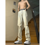 益帛微喇牛仔裤男士冬季加绒美式高街黄泥染做旧宽松休闲直筒长裤子男 泥黄色 L 【建议105-120斤】