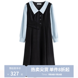 独束大码女装假两件撞色衬衫领连衣裙女秋冬微胖mm文艺复古穿搭裙子 墨染黑【适合160左右】 2XL