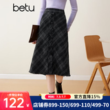 百图betu女装秋冬新款半身裙时髦复古格高腰毛呢半身裙女2310T79 黑色 M