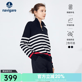 Navigare意大利小帆船女士长袖针织衫秋冬款舒适半开领上衣翻领条纹毛衣女 暗夜黑/白 L 码
