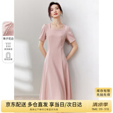 尚都比拉短袖连衣裙女夏季时尚通勤中长款a字裙钉珠收腰显瘦裙子 粉色 M
