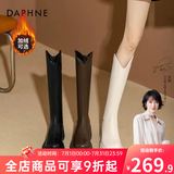 达芙妮厚底V口长筒靴女2026秋冬爆款女靴高筒靴显瘦百搭增高骑士靴子女 黑色【加绒款】 35