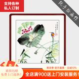 颜堂【手绘真迹】客厅装饰画三连花鸟挂画卧室床头水墨画餐厅装饰壁画 荷气满堂-实木画框+有机玻璃 红木色圆角-65*65厘米