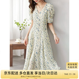 尚都比拉夏季法式碎花连衣裙泡泡袖茶歇裙气质女神范裙子 杏底蓝花 S 