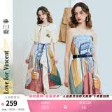 两三事梵高文艺 艺术长廊 2025夏季新款复古印花抽绳绑带两穿半身裙 花色 S
