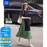 唐狮（TonLion）2026连衣裙女夏季长裙新款拼接格子裙子女短袖T恤裙夏日女装