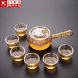正扬玻璃功夫茶具套装家用锤纹花梨木双侧把泡茶壶耐热茶杯办公整套小 7头 锤侧金把+6高碗