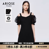 艾诺丝雅诗【商场同款】夏新珍珠网纱泡泡袖短袖小清新小黑裙连衣裙10429006 黑色 S