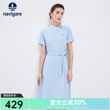 Navigare意大利小帆船短袖连衣裙女士夏季棉质斜领裙子时尚显瘦半袖a字裙 冰水蓝 S 码
