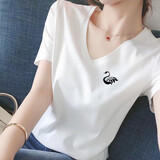 登森奥奥短袖t恤女显瘦上衣2024夏季女装新款休闲韩版V领印花棉体恤T恤女 白色天鹅 XL 建议110-120斤