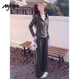 MJ STYLE仿羊绒连帽修身开衫拼糯米裤女2026年春秋新款修身显瘦通勤套装
