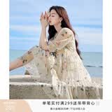 香影（xiangying）碎花连衣裙女2026年夏季新款系带木耳边仙气海边飘逸宽松裙子 米色 XL