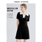 VEGA CHANG高级感连衣裙女夏季小个子撞色POLO领英伦风收腰显瘦通勤小黑裙子 赫本黑 M