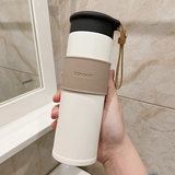 森森猫 简约保温杯女不锈钢男士高档带滤网大容量水杯便携高颜值泡茶杯子学生ins上学专用细长车载杯子 凡森皮套简约保温杯白色450毫升+杯刷