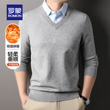 罗蒙加绒加厚假两件长袖针织衫男士冬季衬衫领打底衫中青年保暖毛衣男 7Z204017灰色 【加厚v领款】 L 170 （适合120-140斤）