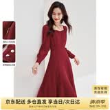 尚都比拉新年红高级感长袖连衣裙女春秋气质方领中长款内搭打底赫本风裙子