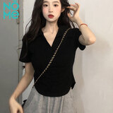 NOMe短袖t恤女夏季新款收腰翻领弧形下摆紧身polo领短上衣 黑色 2XL