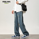 Foss Phil破洞牛仔裤子男士秋冬百搭宽松休闲直筒高街阔腿裤501复古蓝M